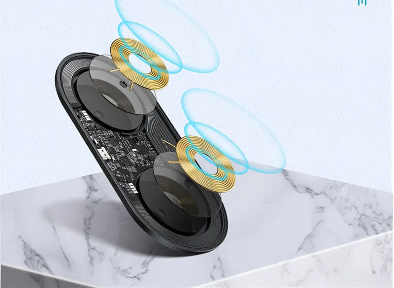 Baseus black wireless charging station with phone on pad and Apple Watch attached to magnetic charger