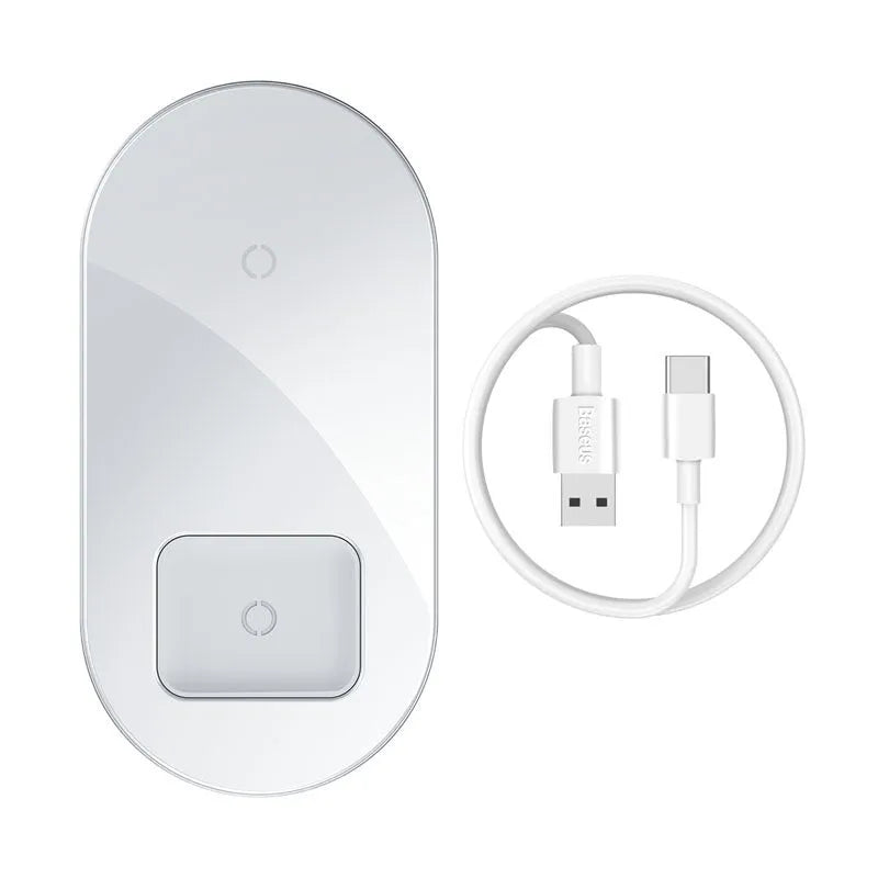 Baseus black wireless charging station with phone on pad and Apple Watch attached to magnetic charger