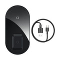 Baseus black wireless charging station with phone on pad and Apple Watch attached to magnetic charger