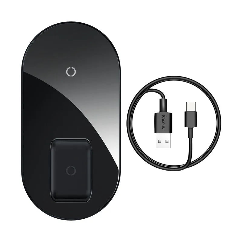 Baseus black wireless charging station with phone on pad and Apple Watch attached to magnetic charger