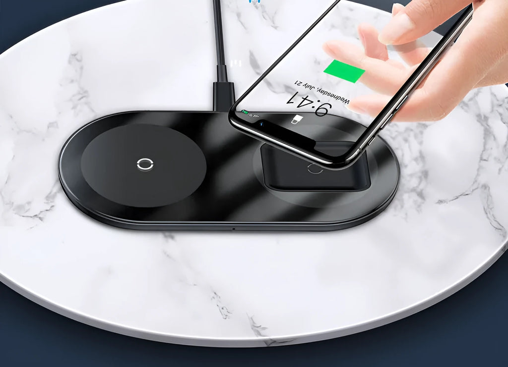 Baseus black wireless charging station with phone on pad and Apple Watch attached to magnetic charger