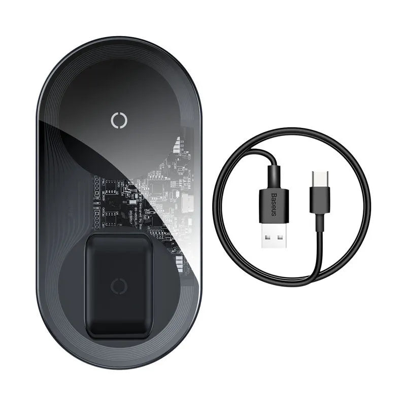 Baseus black wireless charging station with phone on pad and Apple Watch attached to magnetic charger