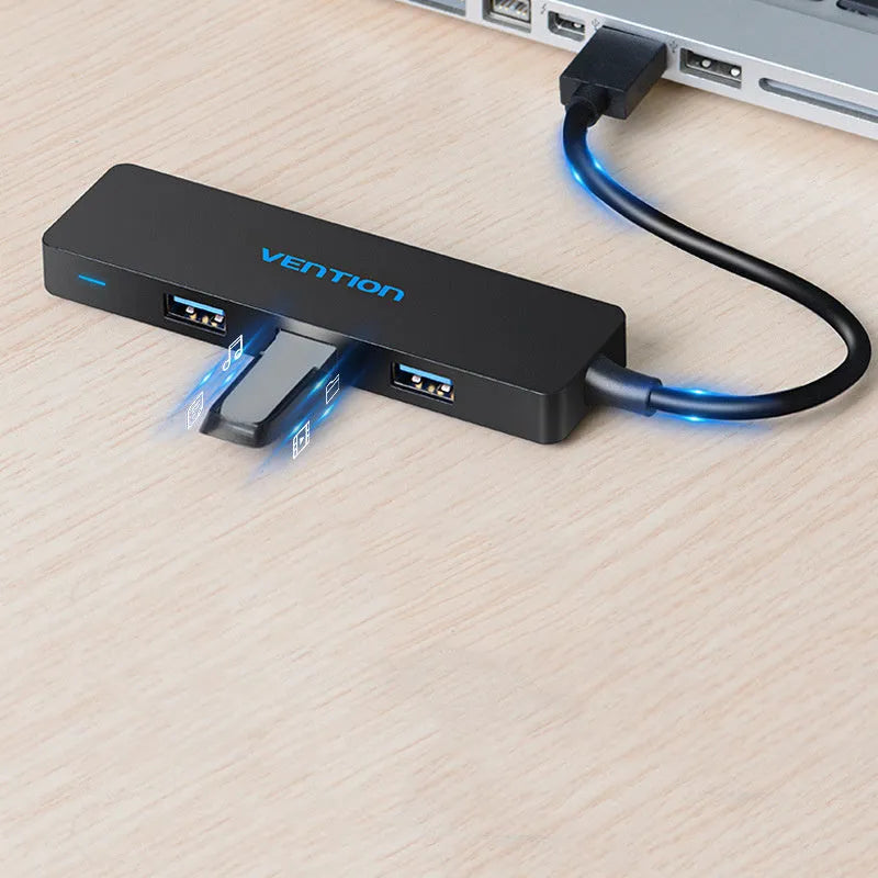 Black USB 3.0 four-port hub with 0.15 m cable and nickel-plated ports