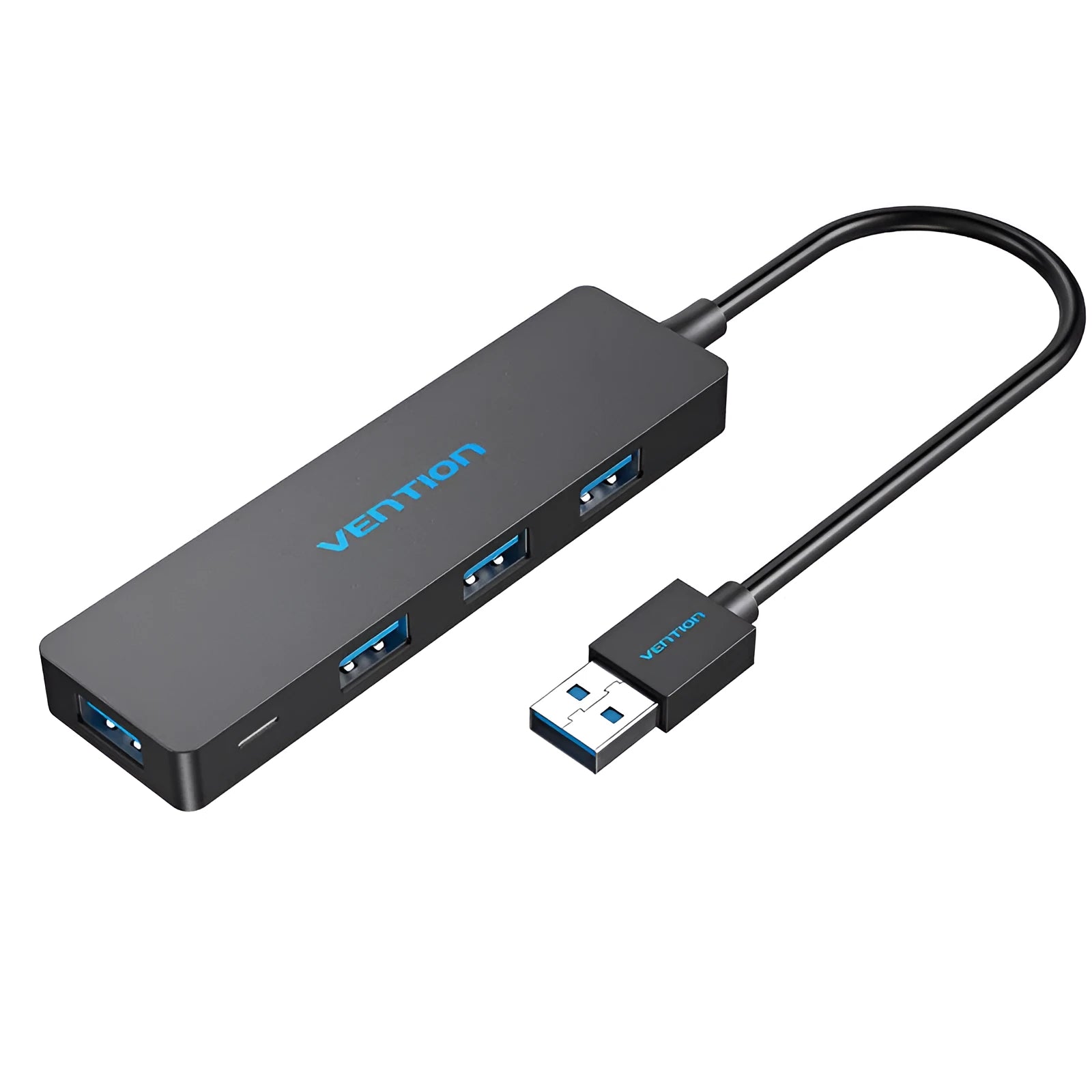 Black USB 3.0 four-port hub with 0.15 m cable and nickel-plated ports