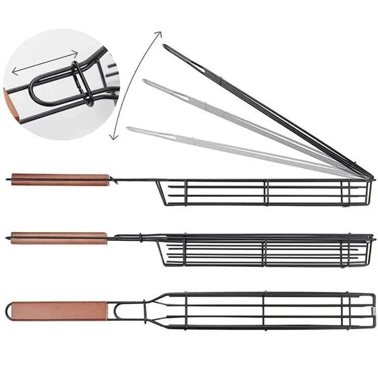 Stainless steel mesh barbecue basket with a wooden handle and rotary locking lid for outdoor grilling.