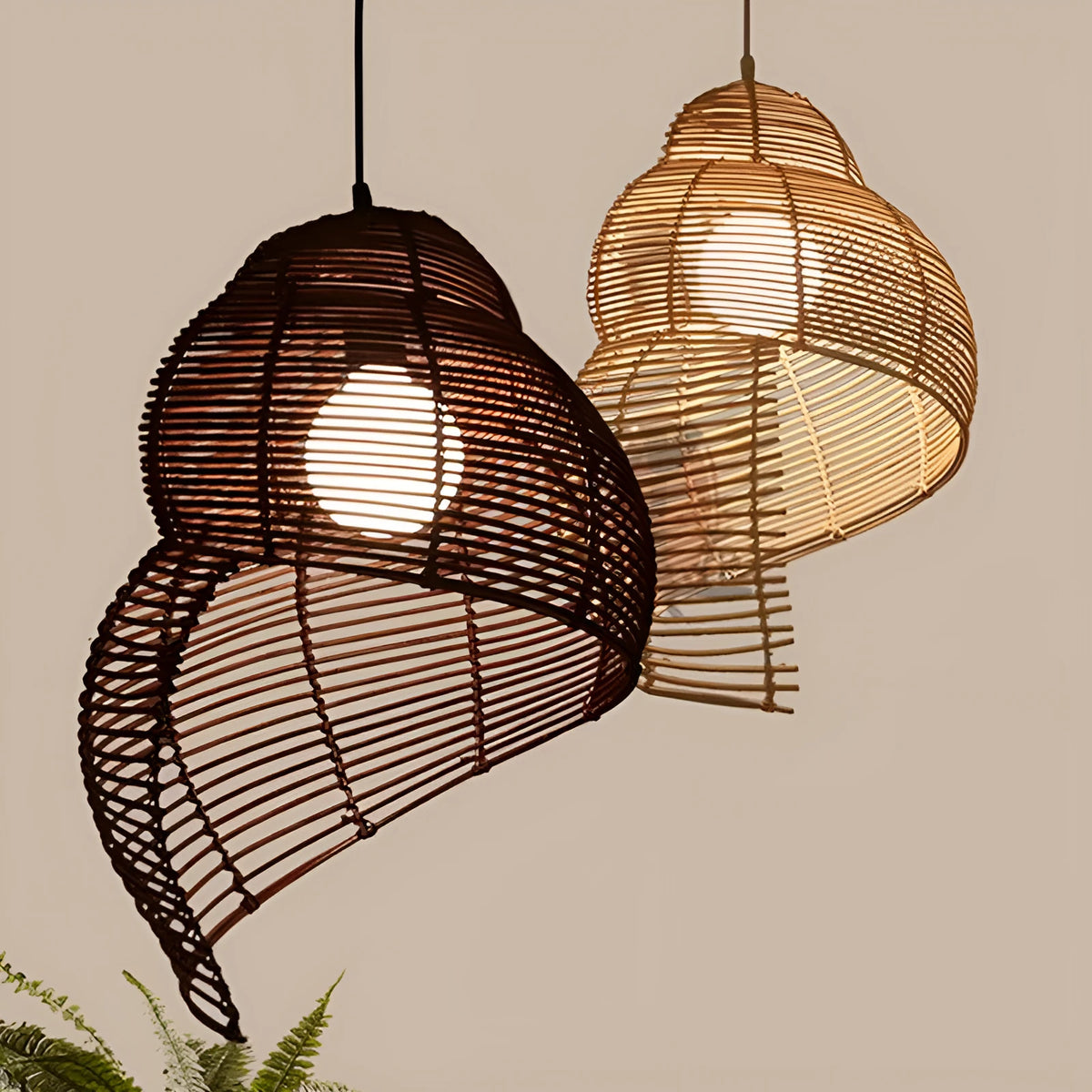 Snail rattan pendant light with woven bamboo and rattan shade, LED light source, 1m adjustable drop, rattan wood or coffee grey