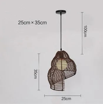 Snail rattan pendant light with woven bamboo and rattan shade, LED light source, 1m adjustable drop, rattan wood or coffee grey