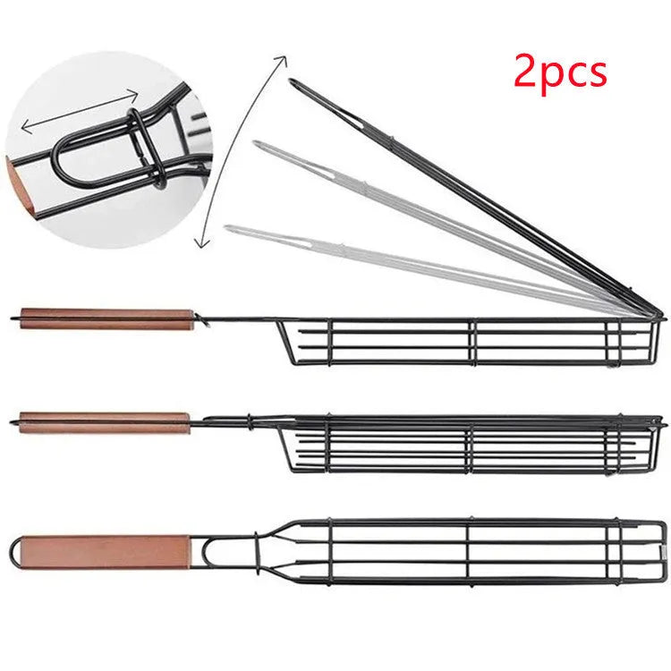 Stainless steel mesh barbecue basket with a wooden handle and rotary locking lid for outdoor grilling.