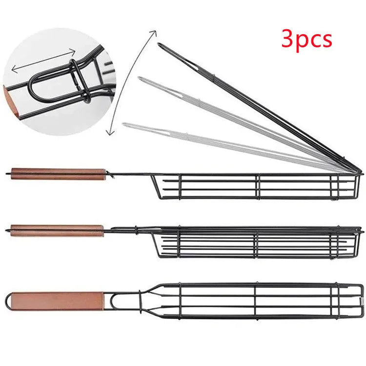 Stainless steel mesh barbecue basket with a wooden handle and rotary locking lid for outdoor grilling.