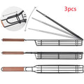 Stainless steel mesh barbecue basket with a wooden handle and rotary locking lid for outdoor grilling.