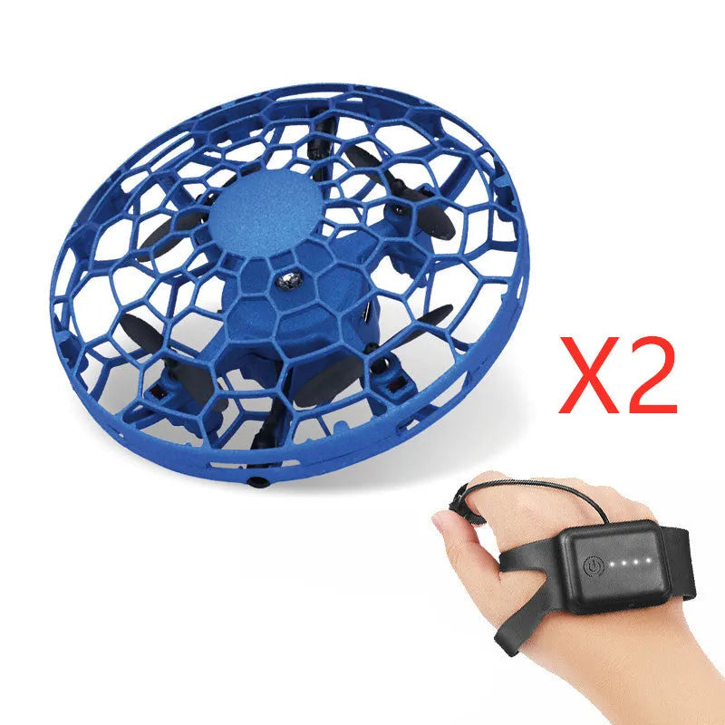 Flying Helicopter Mini Drone UFO RC Drone with infrared sensors and blue flexible guardrail on white background