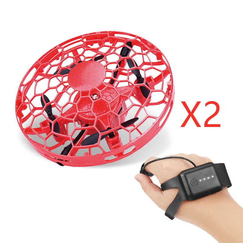 Flying Helicopter Mini Drone UFO RC Drone with infrared sensors and blue flexible guardrail on white background