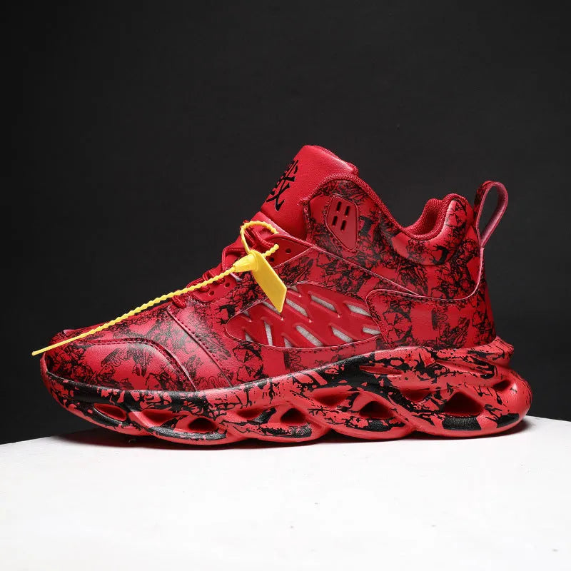 Men's high-top winter basketball shoes in camouflage and solid colours on a white background.