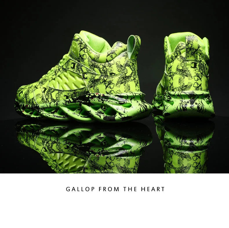 Men's high-top winter basketball shoes in camouflage and solid colours on a white background.