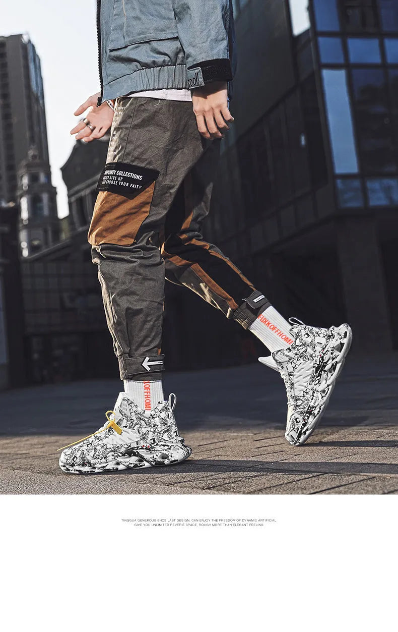 Men's high-top winter basketball shoes in camouflage and solid colours on a white background.