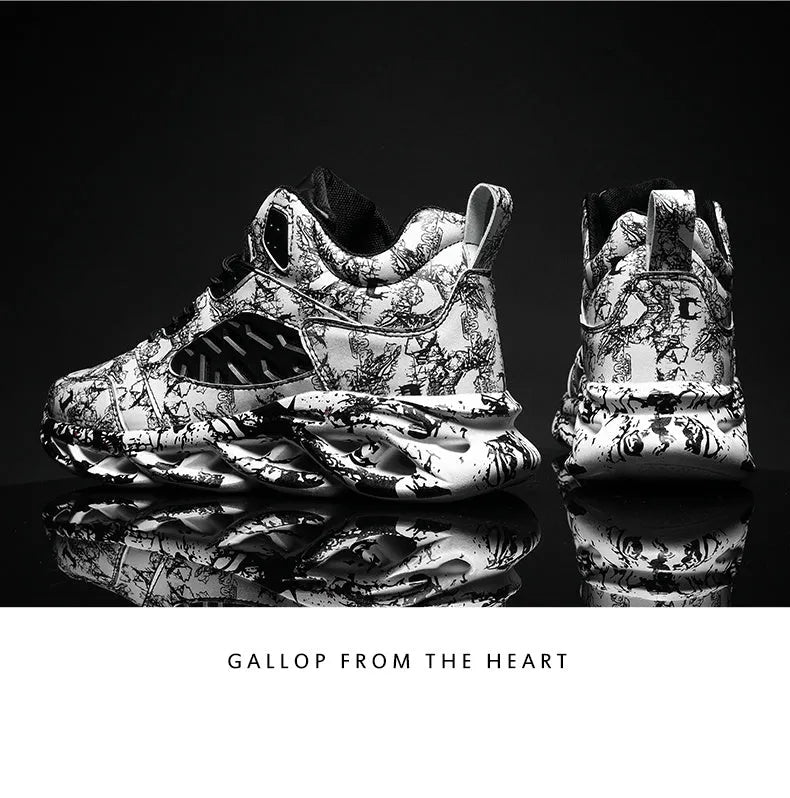 Men's high-top winter basketball shoes in camouflage and solid colours on a white background.