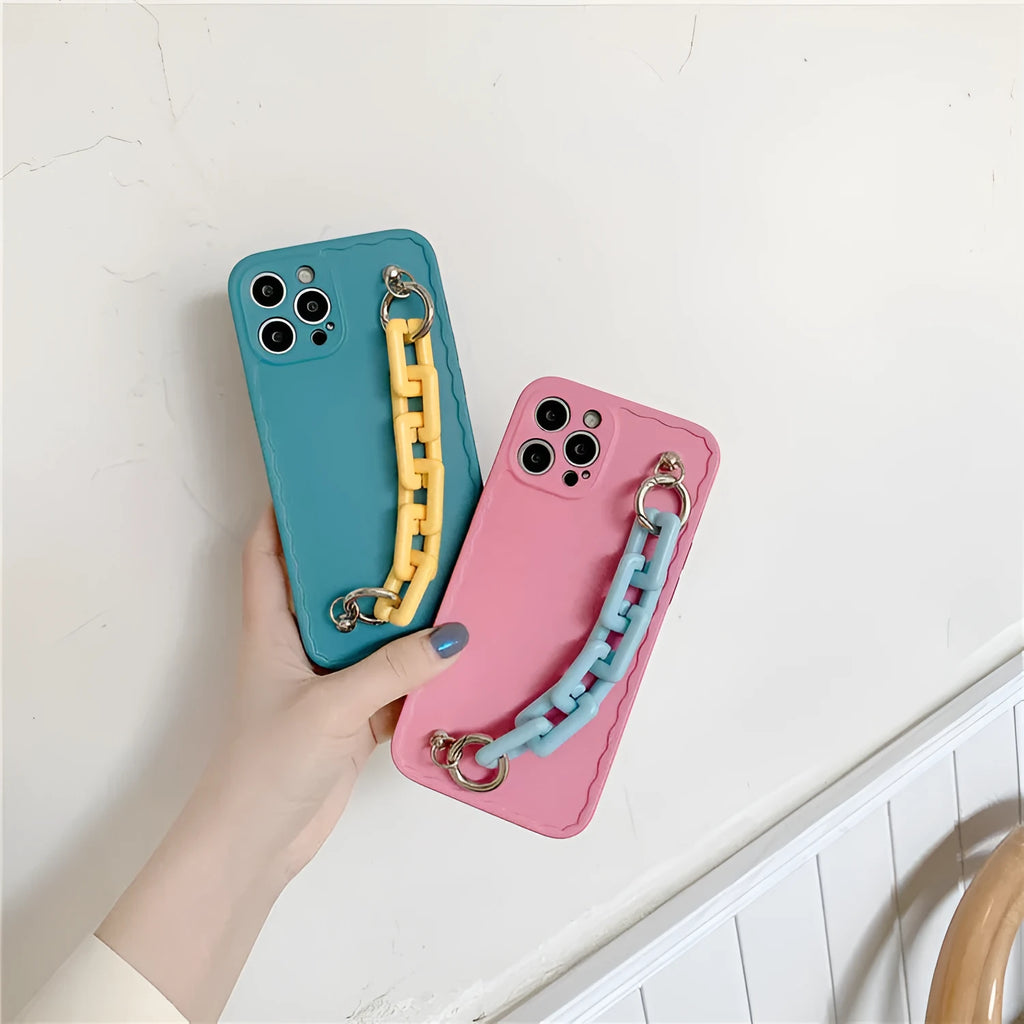 Huawei and iPhone phone case with matching chain strap in candy colours like pink and blue
