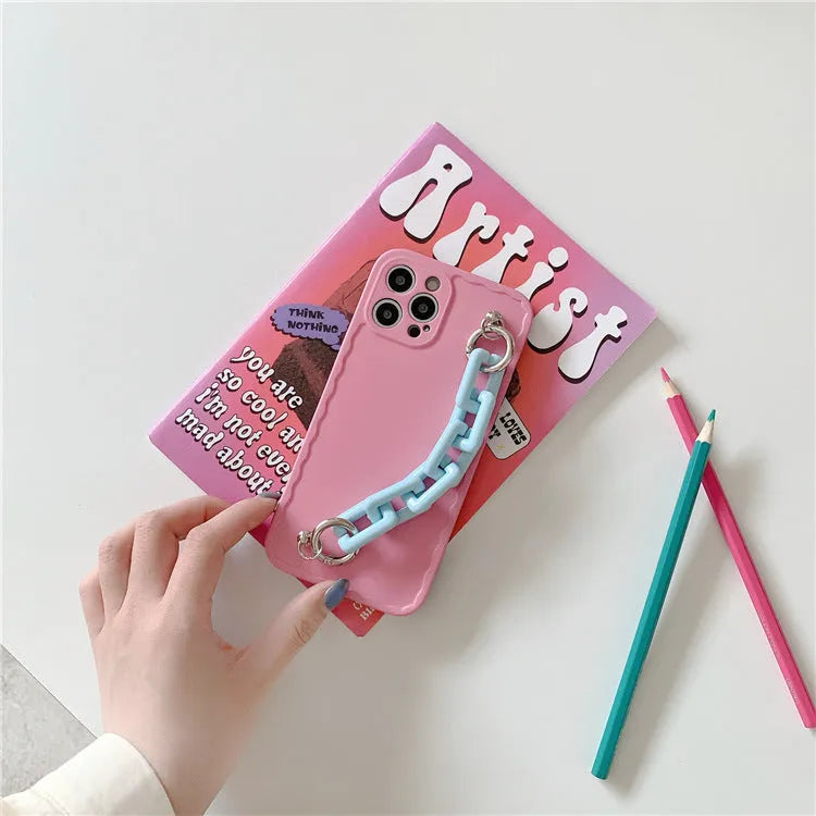 Huawei and iPhone phone case with matching chain strap in candy colours like pink and blue