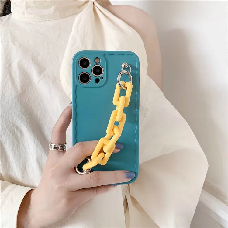 Huawei and iPhone phone case with matching chain strap in candy colours like pink and blue