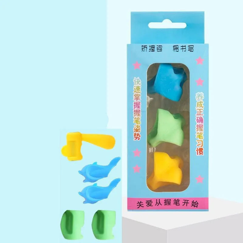 Children's silicone pencil grip trainer with five coloured rings for finger placement on a yellow pencil