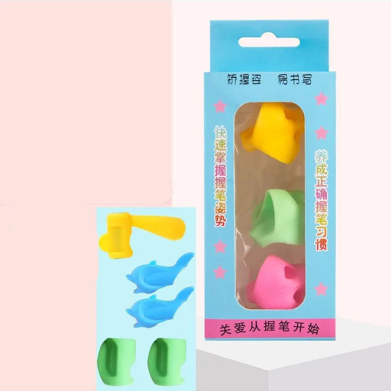 Children's silicone pencil grip trainer with five coloured rings for finger placement on a yellow pencil