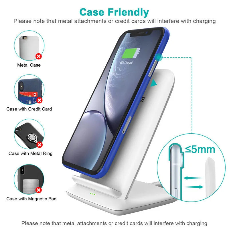 Black T524-S Android wireless charger on a desk showing horizontal and vertical phone placement with 9V 2000mA fast charging
