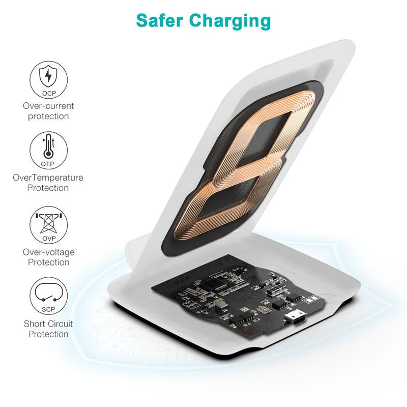 Black T524-S Android wireless charger on a desk showing horizontal and vertical phone placement with 9V 2000mA fast charging