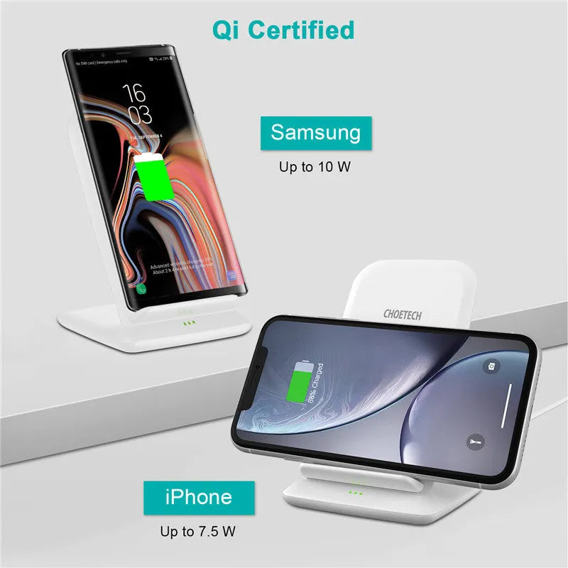 Black T524-S Android wireless charger on a desk showing horizontal and vertical phone placement with 9V 2000mA fast charging
