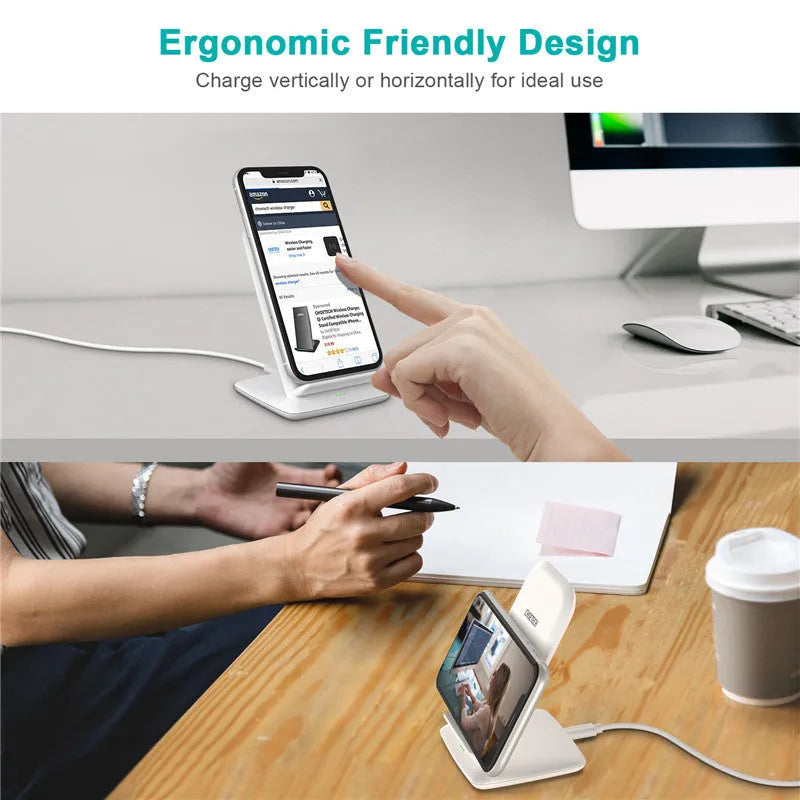 Black T524-S Android wireless charger on a desk showing horizontal and vertical phone placement with 9V 2000mA fast charging