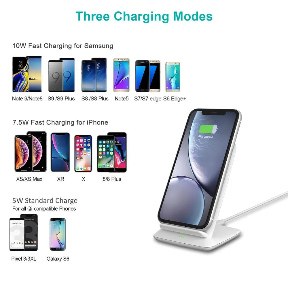 Black T524-S Android wireless charger on a desk showing horizontal and vertical phone placement with 9V 2000mA fast charging