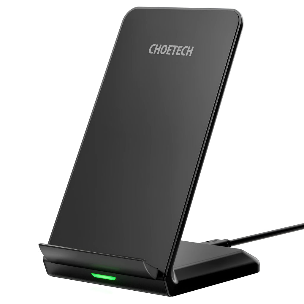 Black T524-S Android wireless charger on a desk showing horizontal and vertical phone placement with 9V 2000mA fast charging