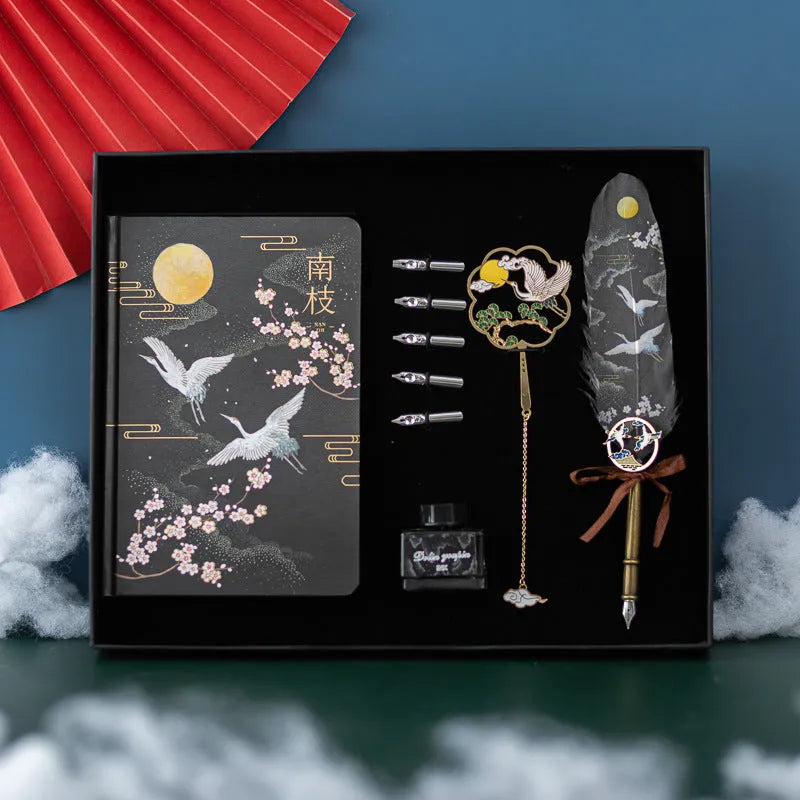 Chinese style feather pen set with metal sheath and notebook, showing pens in Linghe, Songhe, Yunhe, Guihe colours.