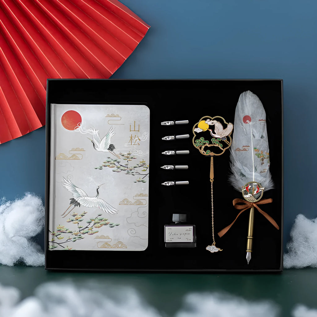 Chinese style feather pen set with metal sheath and notebook, showing pens in Linghe, Songhe, Yunhe, Guihe colours.