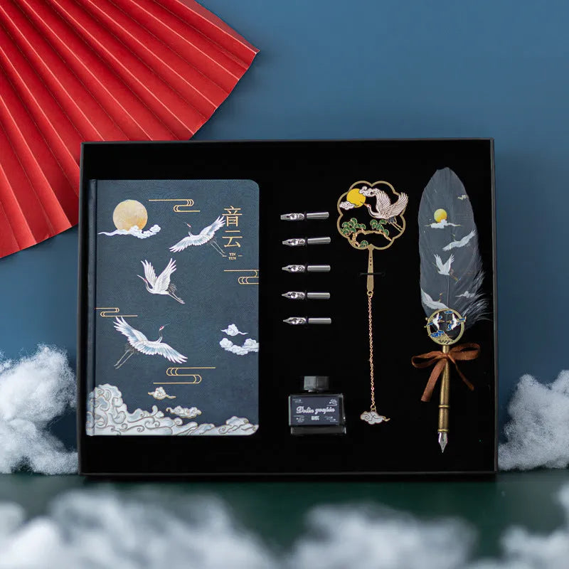 Chinese style feather pen set with metal sheath and notebook, showing pens in Linghe, Songhe, Yunhe, Guihe colours.