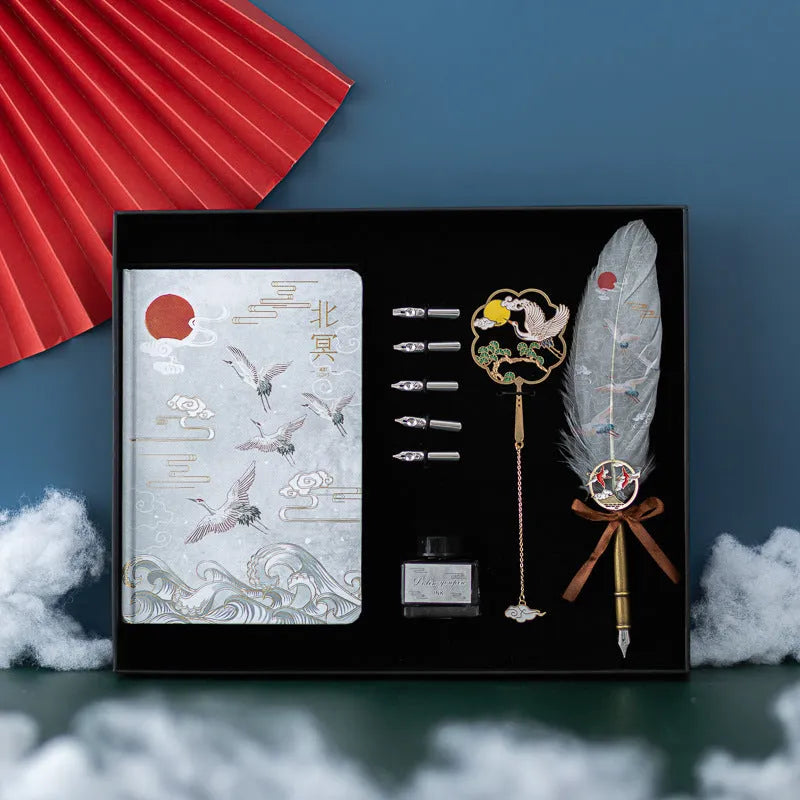Chinese style feather pen set with metal sheath and notebook, showing pens in Linghe, Songhe, Yunhe, Guihe colours.