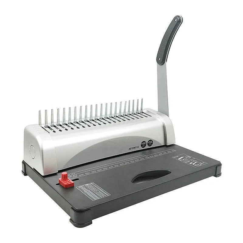 White manual A4 21-hole clamp strip binding machine on desk