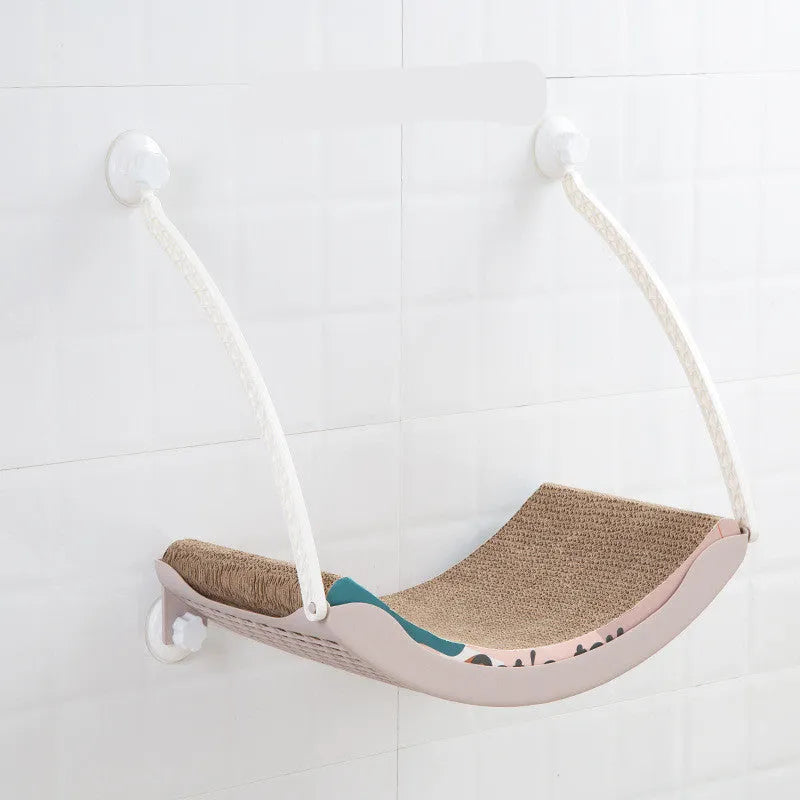 Hanging cat hammock in blue, grey, pink, or white plastic, with scratcher or flannel style for sunbathing cats