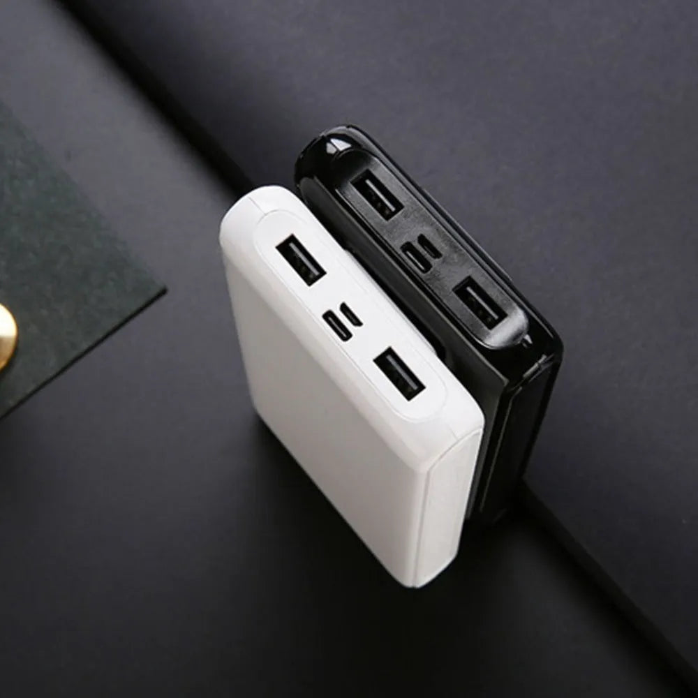 DIY 18650 mobile charging bank case kit showing black enclosure with USB ports for six battery cells