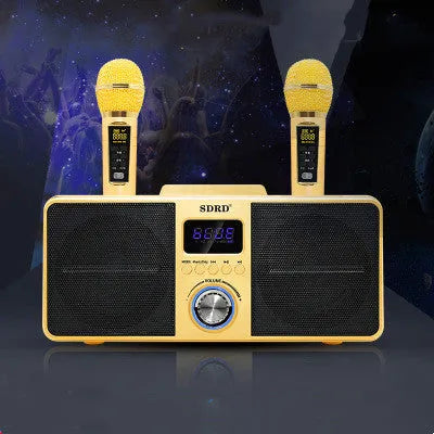 Black Bluetooth karaoke speaker with two wireless microphones for home entertainment
