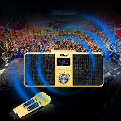 Black Bluetooth karaoke speaker with two wireless microphones for home entertainment