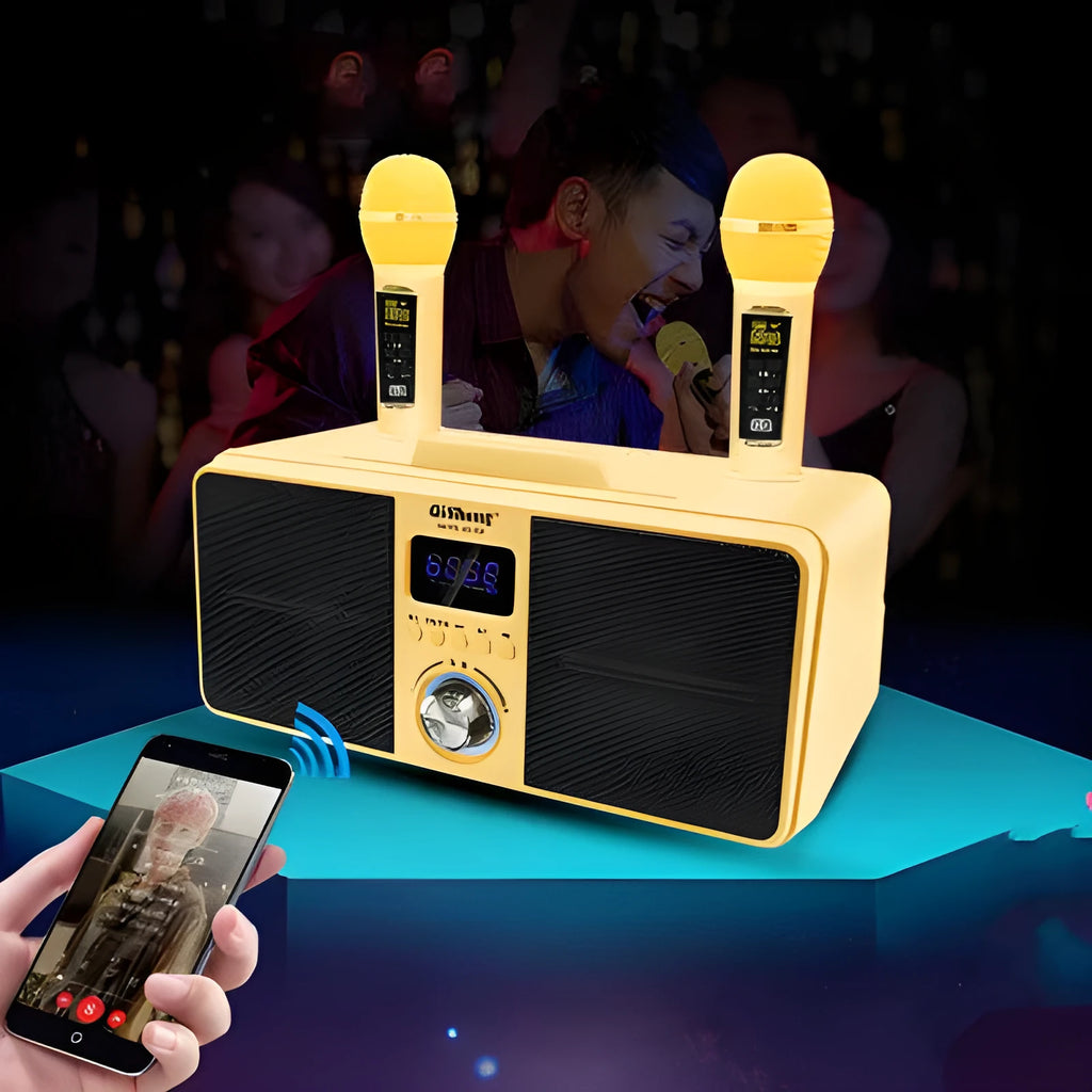 Black Bluetooth karaoke speaker with two wireless microphones for home entertainment