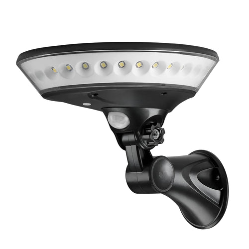 White 360-degree solar-powered outdoor light with a motion sensor and solar panel on top.