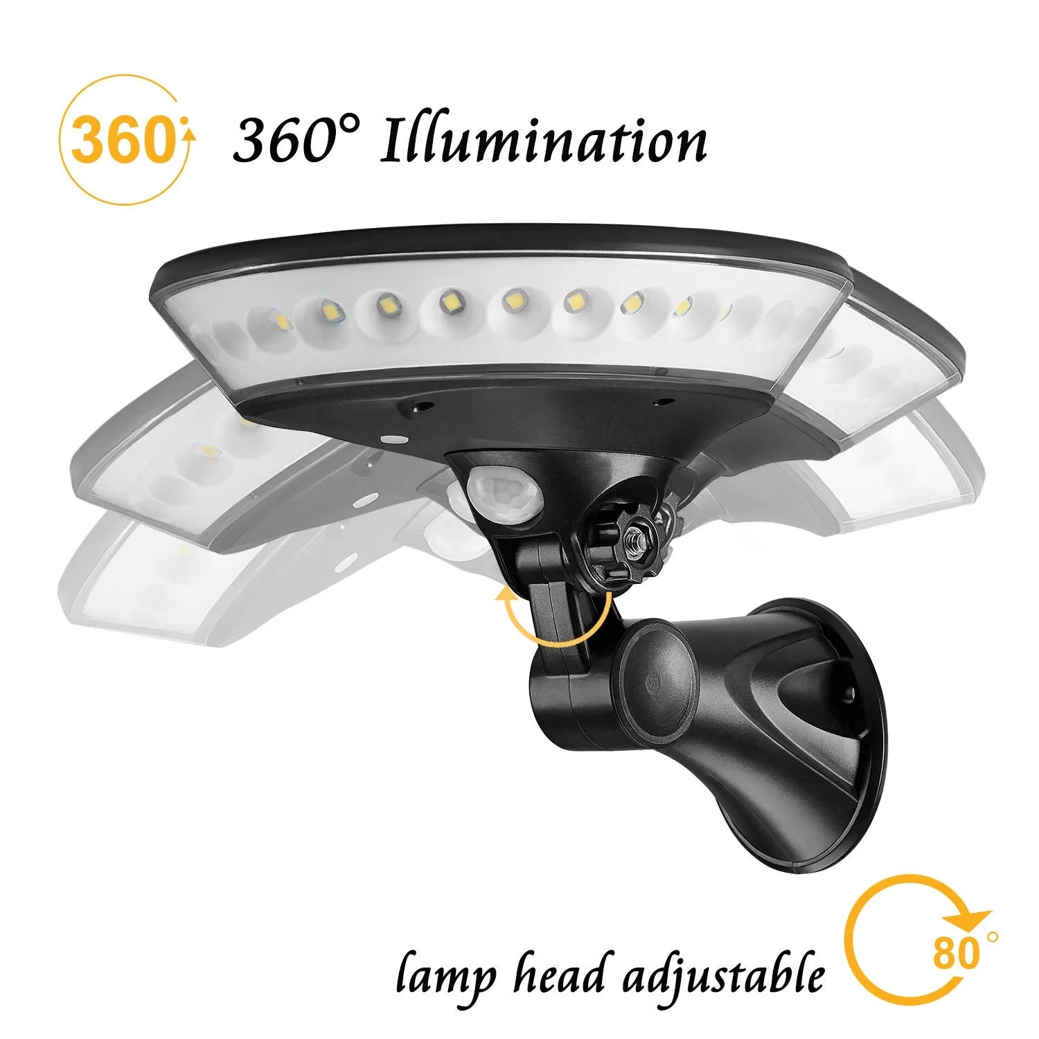 White 360-degree solar powered security light with motion sensor mounted on an outdoor wall.