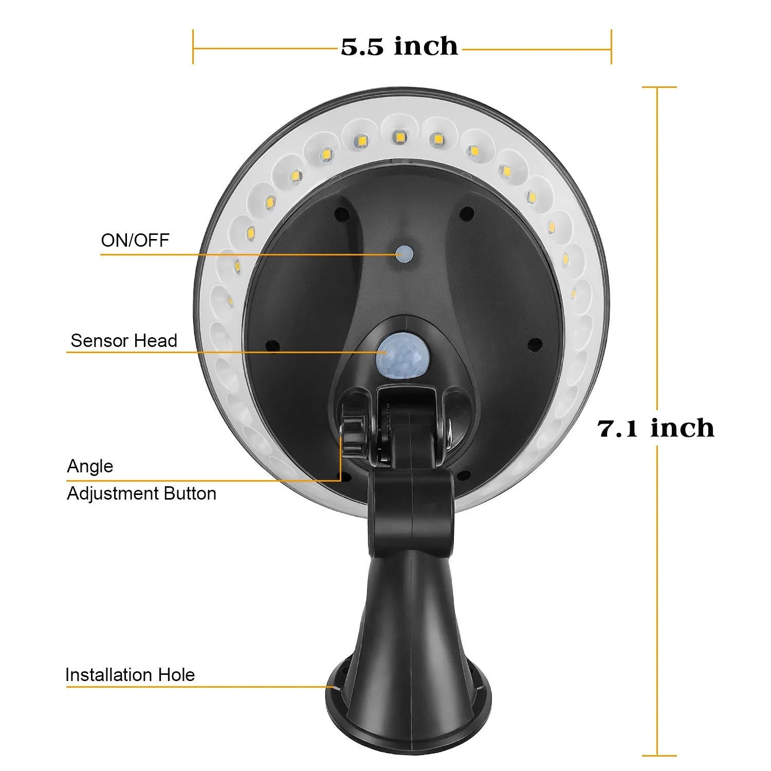 White 360-degree solar-powered outdoor security light with motion sensor on a black base.