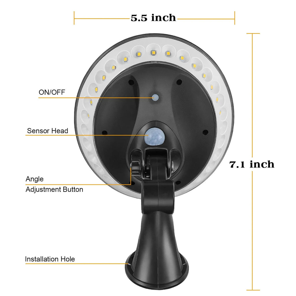 Outdoor 360-degree luminous solar security light with motion sensor mounted on a wall.
