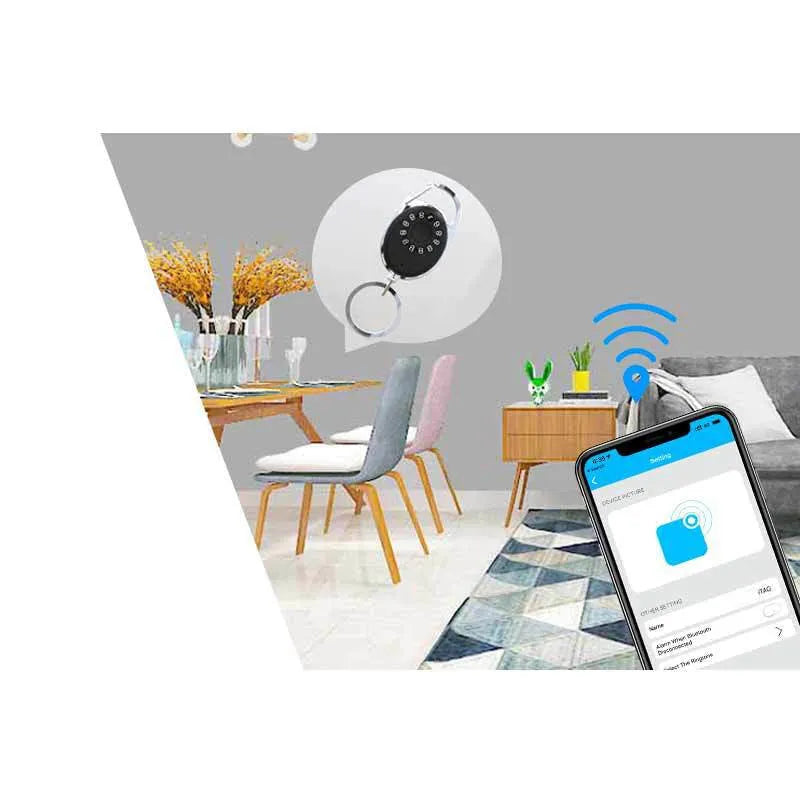 Black Bluetooth anti-lost tracker and selfie remote keychain compatible with Apple iPhone.