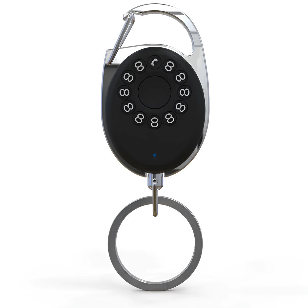 Black Bluetooth anti-lost tracker and selfie remote keychain compatible with Apple iPhone.