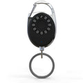 Black Bluetooth anti-lost tracker and selfie remote keychain compatible with Apple iPhone.