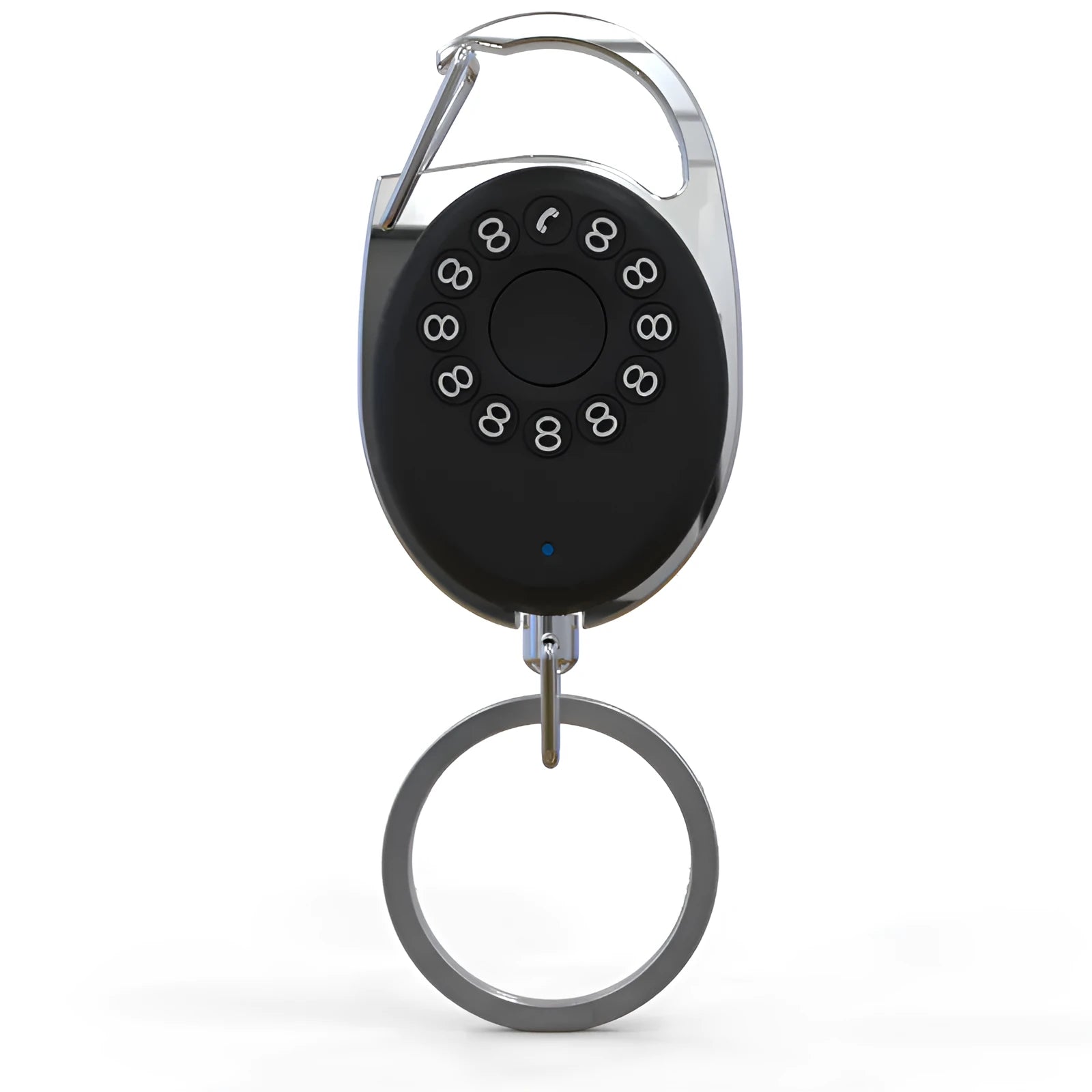 Black Bluetooth anti-lost tracker and selfie remote keychain compatible with Apple iPhone.