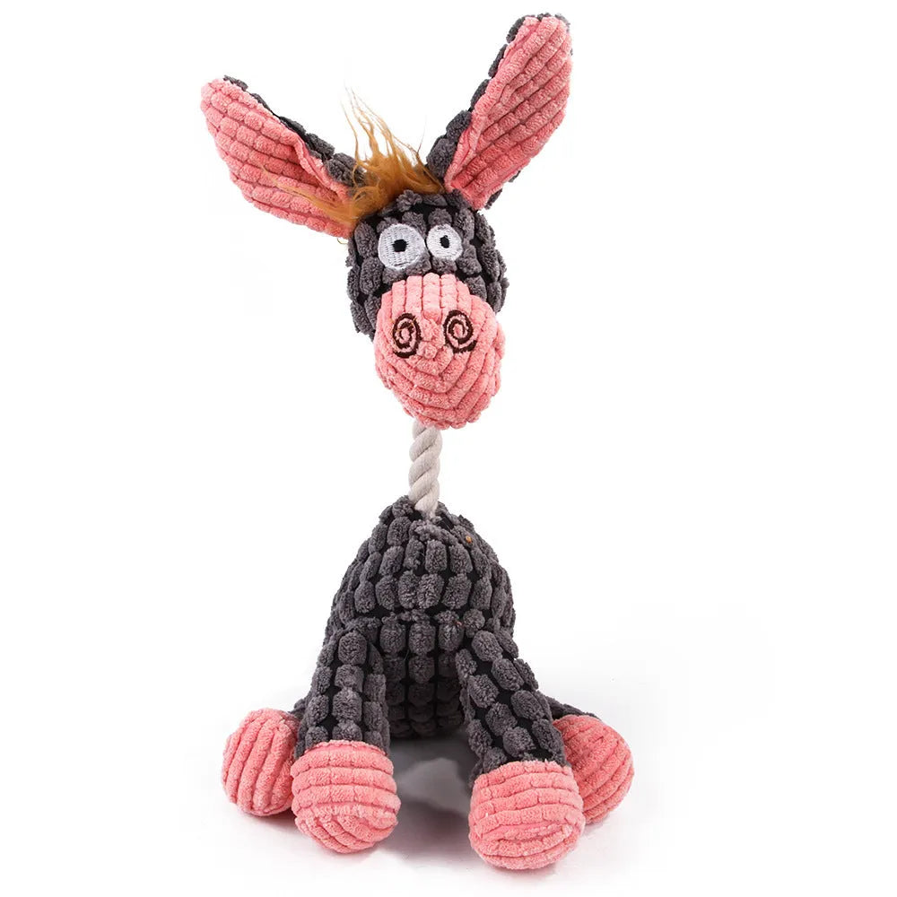 Brown plush donkey squeaky chew toy for dogs